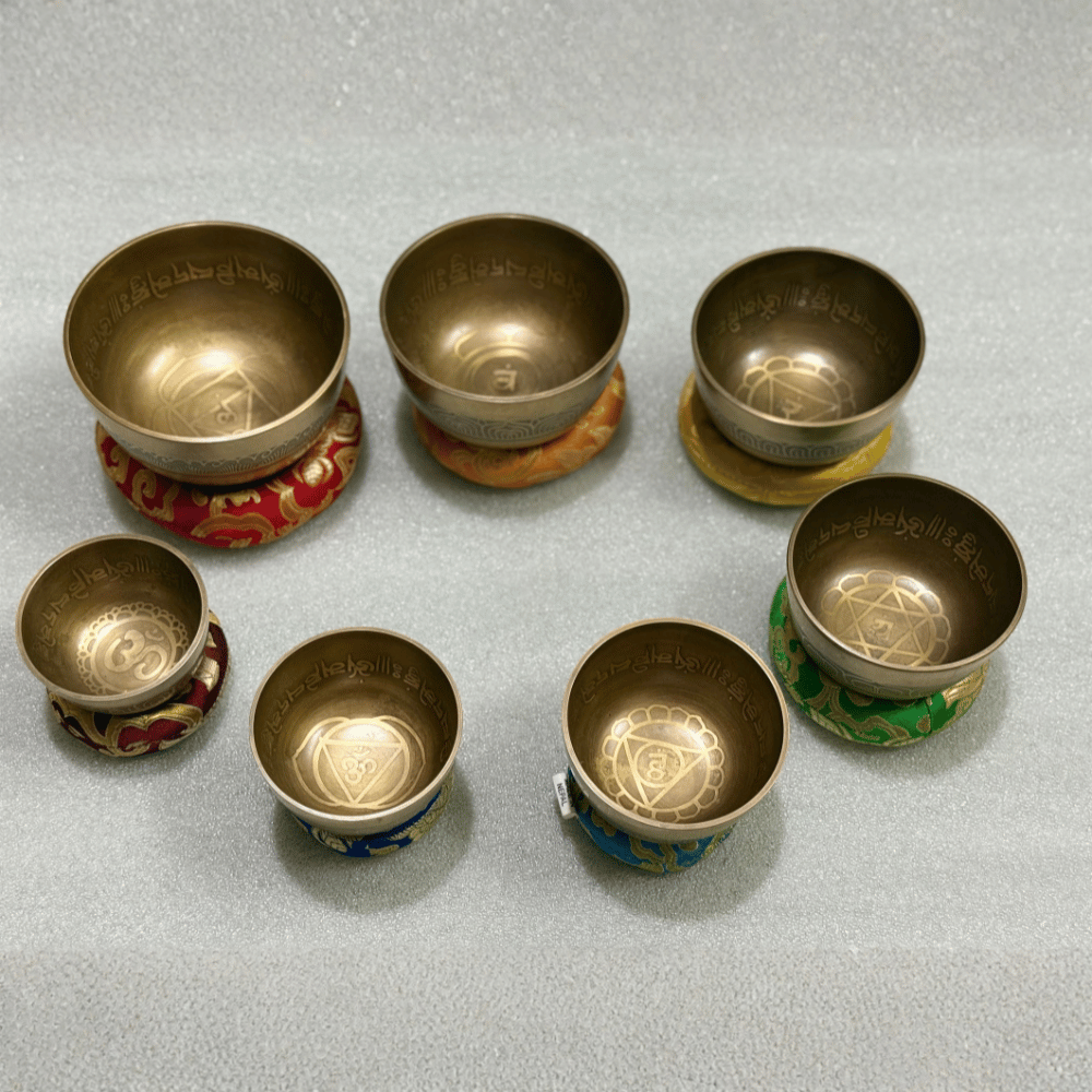 Tibetan Singing Bowl Set of 7 — Mantra Carved Bronze Chakra Bowls, Handmade in Nepal Tibetan Singing Bowl Set of 7 — Mantra Carved Bronze Chakra Bowls, Handmade in Nepal - Image 6