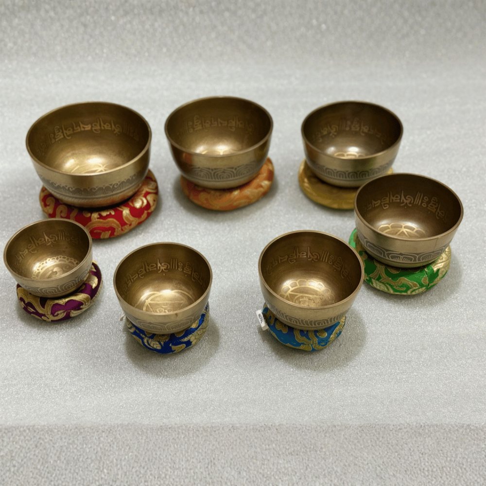 Tibetan Singing Bowl Set of 7 — Mantra Carved Bronze Chakra Bowls, Handmade in Nepal Tibetan Singing Bowl Set of 7 — Mantra Carved Bronze Chakra Bowls, Handmade in Nepal - Image 7
