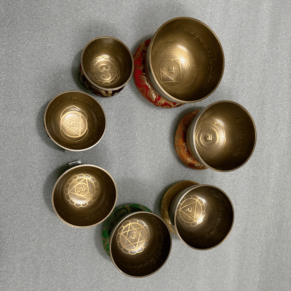 Tibetan Singing Bowl Set of 7 — Mantra Carved Bronze Chakra Bowls, Handmade in Nepal Tibetan Singing Bowl Set of 7 — Mantra Carved Bronze Chakra Bowls, Handmade in Nepal - Image 10