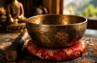 Hand-hammered Tibetan singing bowl on silk cushion, handmade in Nepal