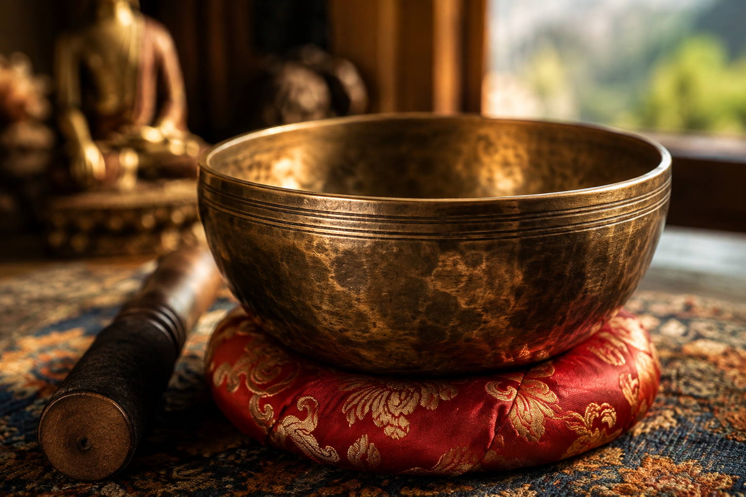 Tibetan Singing Bowl Guide: 7 Powerful Benefits You Need to Know Hand-hammered Tibetan singing bowl on silk cushion, handmade in Nepal