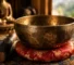 Hand-hammered Tibetan singing bowl on silk cushion, handmade in Nepal